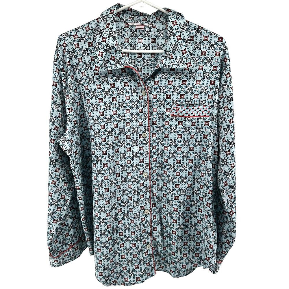 Victoria’s Secret Satin Pajamas Set Printed Long Sleeve 2-Piece Blue Large NWOT